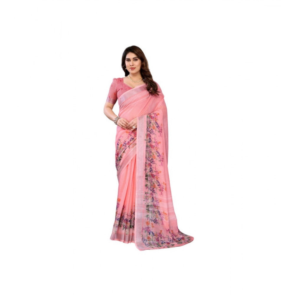 Vaystra Linen Cotton Printed Saree With Unstitched Blouse 5.5Mtr – Peach