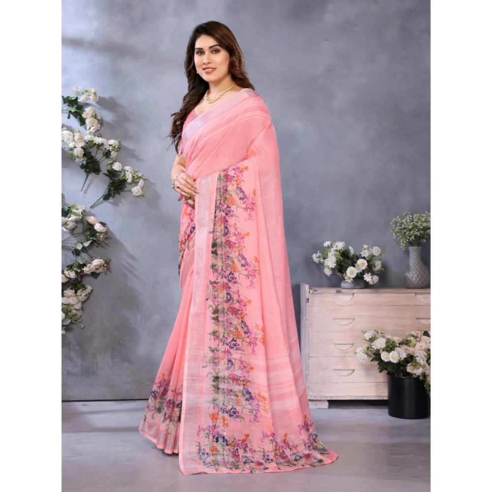 Vaystra Linen Cotton Printed Saree With Unstitched Blouse 5.5Mtr – Peach