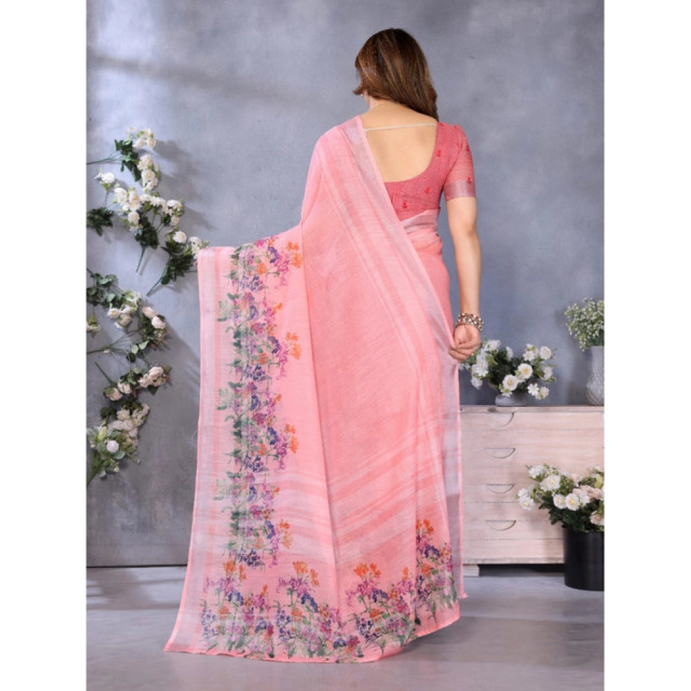 Vaystra Linen Cotton Printed Saree With Unstitched Blouse 5.5Mtr – Peach