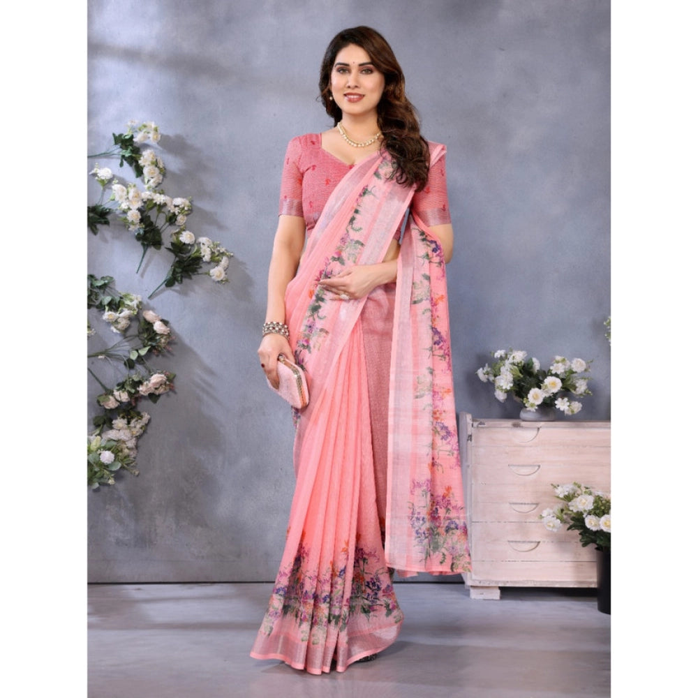 Vaystra Linen Cotton Printed Saree With Unstitched Blouse 5.5Mtr – Peach