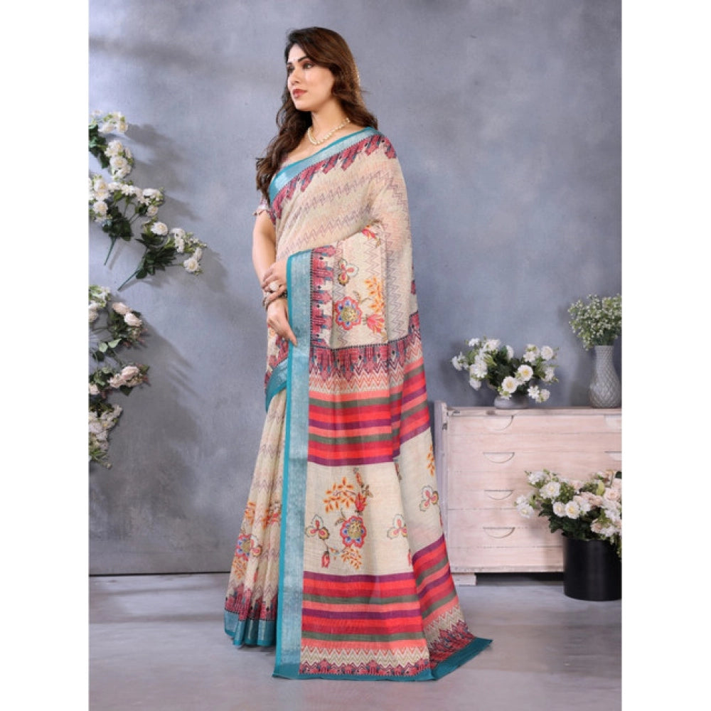 Vaystra Linen Cotton Printed Saree With Unstitched Blouse 5.5Mtr – Cream