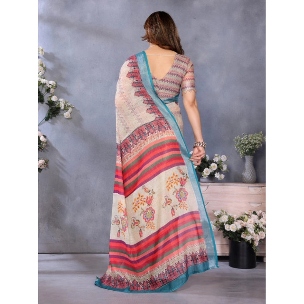 Vaystra Linen Cotton Printed Saree With Unstitched Blouse 5.5Mtr – Cream