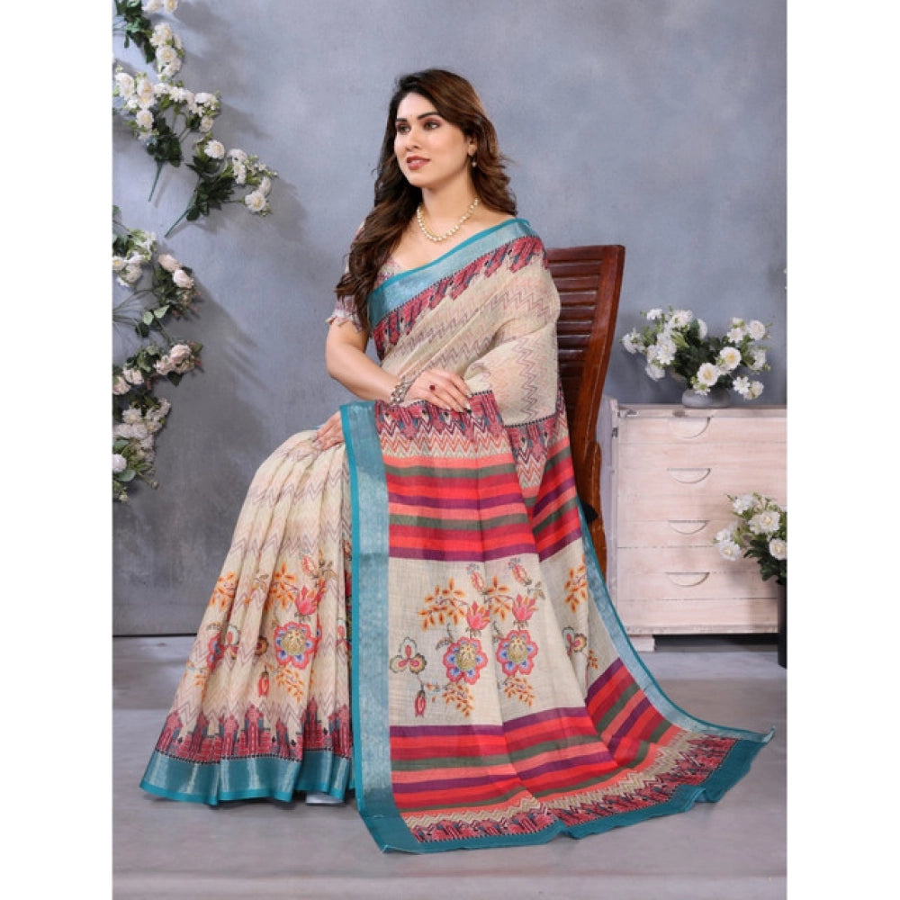 Vaystra Linen Cotton Printed Saree With Unstitched Blouse 5.5Mtr – Cream