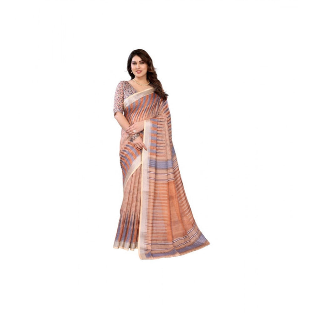 Vaystra Linen Cotton Printed Saree With Unstitched Blouse 5.5Mtr – Brown