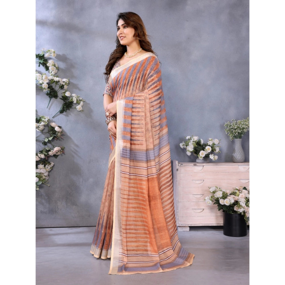 Vaystra Linen Cotton Printed Saree With Unstitched Blouse 5.5Mtr – Brown