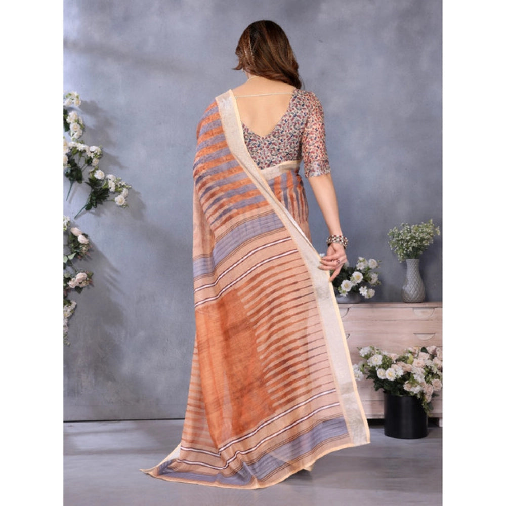 Vaystra Linen Cotton Printed Saree With Unstitched Blouse 5.5Mtr – Brown