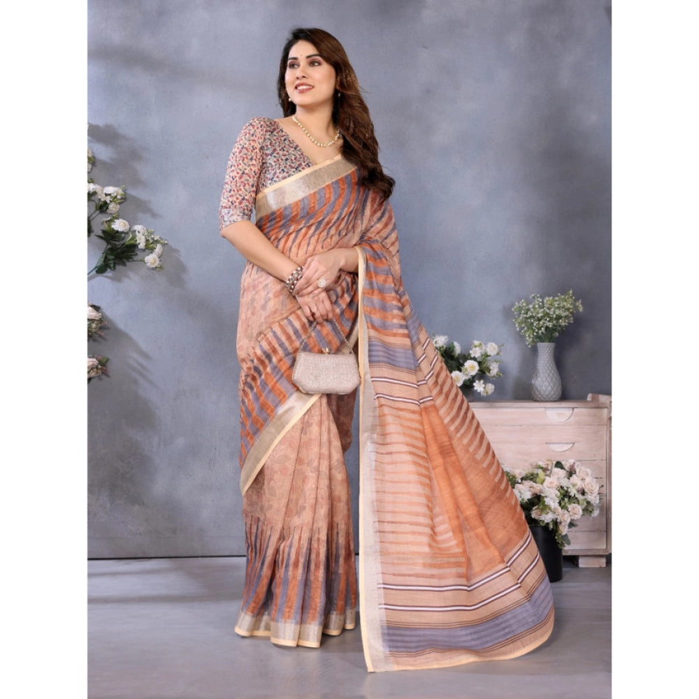 Vaystra Linen Cotton Printed Saree With Unstitched Blouse 5.5Mtr – Brown