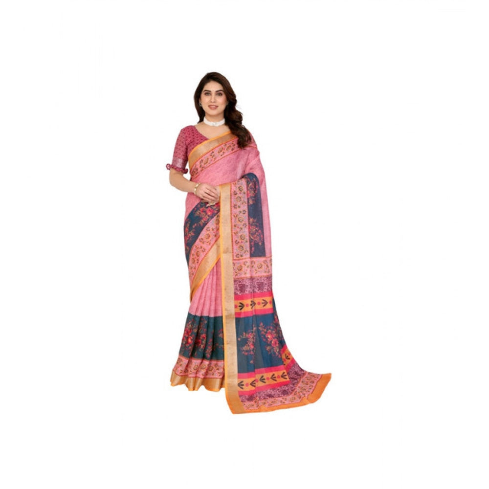 Vaystra Linen Cotton Printed Saree With Unstitched Blouse 5.5Mtr – Pink