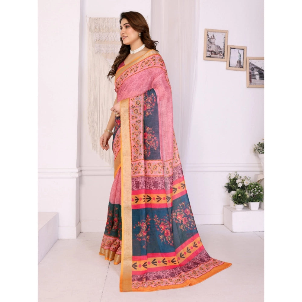 Vaystra Linen Cotton Printed Saree With Unstitched Blouse 5.5Mtr – Pink