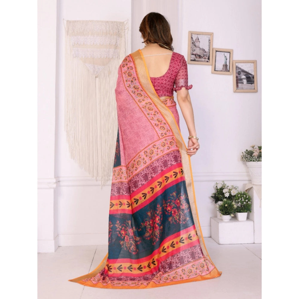Vaystra Linen Cotton Printed Saree With Unstitched Blouse 5.5Mtr – Pink