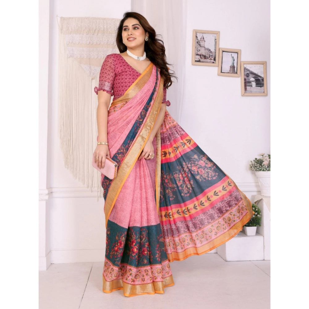 Vaystra Linen Cotton Printed Saree With Unstitched Blouse 5.5Mtr – Pink