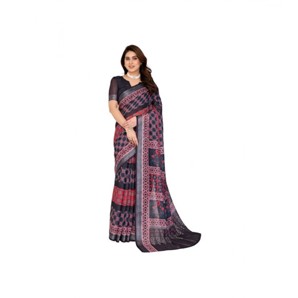 Vaystra Linen Cotton Printed Saree With Unstitched Blouse 5.5Mtr – Black