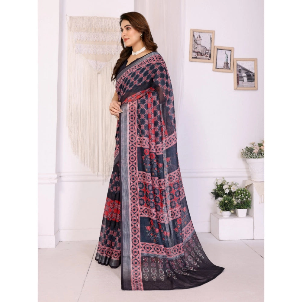 Vaystra Linen Cotton Printed Saree With Unstitched Blouse 5.5Mtr – Black