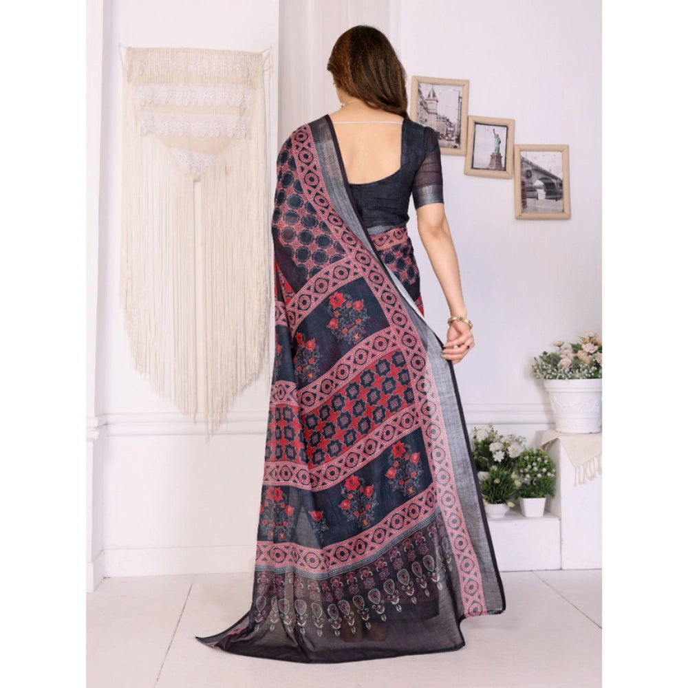 Vaystra Linen Cotton Printed Saree With Unstitched Blouse 5.5Mtr – Black