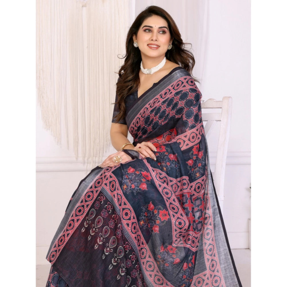 Vaystra Linen Cotton Printed Saree With Unstitched Blouse 5.5Mtr – Black