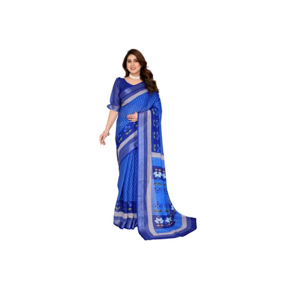 Vaystra Linen Cotton Printed Saree With Unstitched Blouse 5.5Mtr – Blue