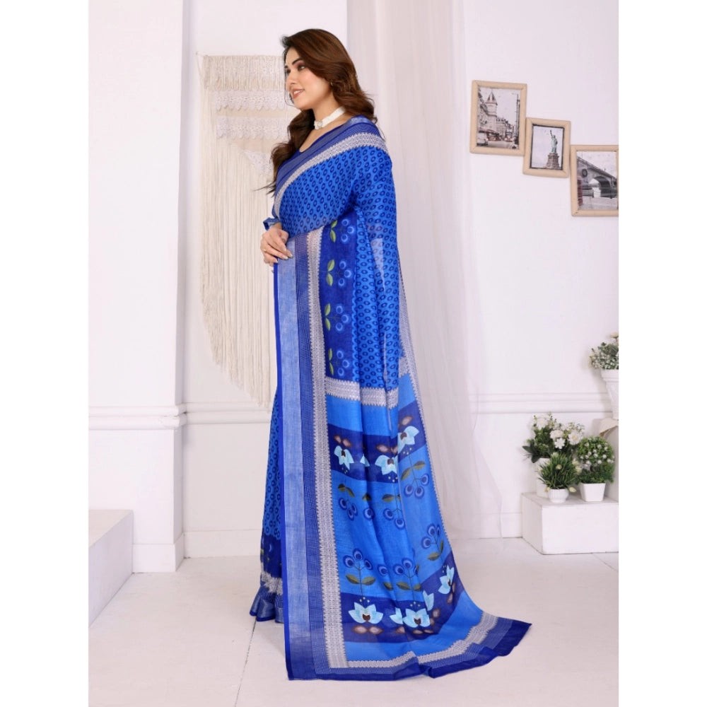 Vaystra Linen Cotton Printed Saree With Unstitched Blouse 5.5Mtr – Blue