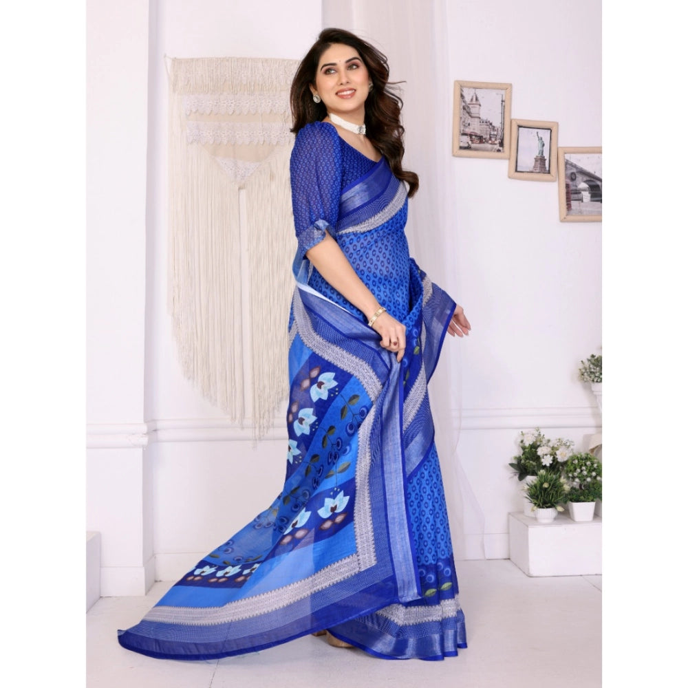 Vaystra Linen Cotton Printed Saree With Unstitched Blouse 5.5Mtr – Blue