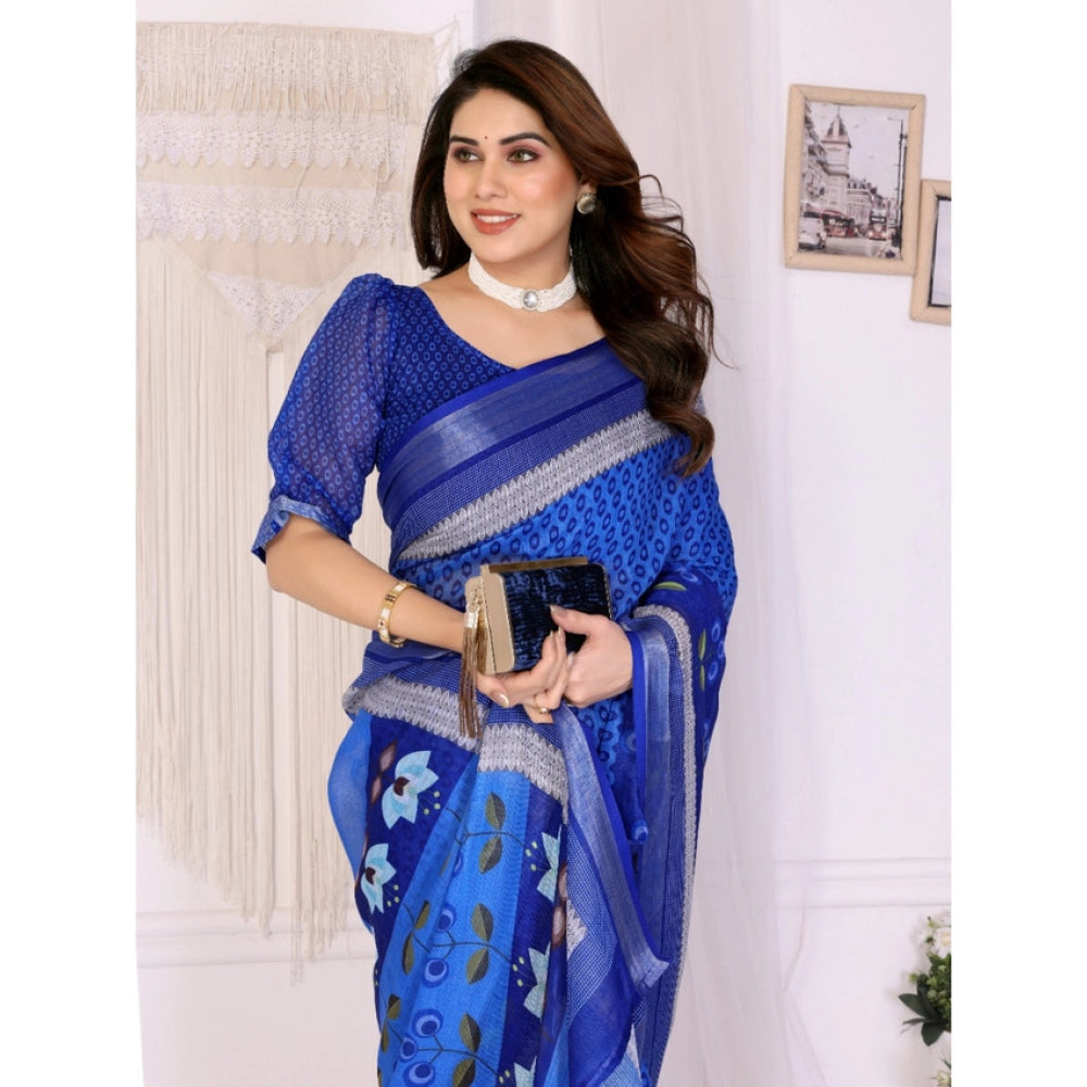Vaystra Linen Cotton Printed Saree With Unstitched Blouse 5.5Mtr – Blue