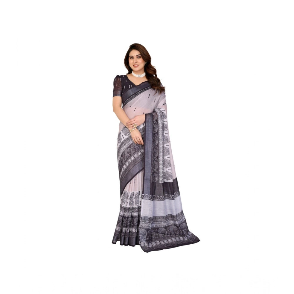 Vaystra Linen Cotton Printed Saree With Unstitched Blouse 5.5Mtr – White & Black