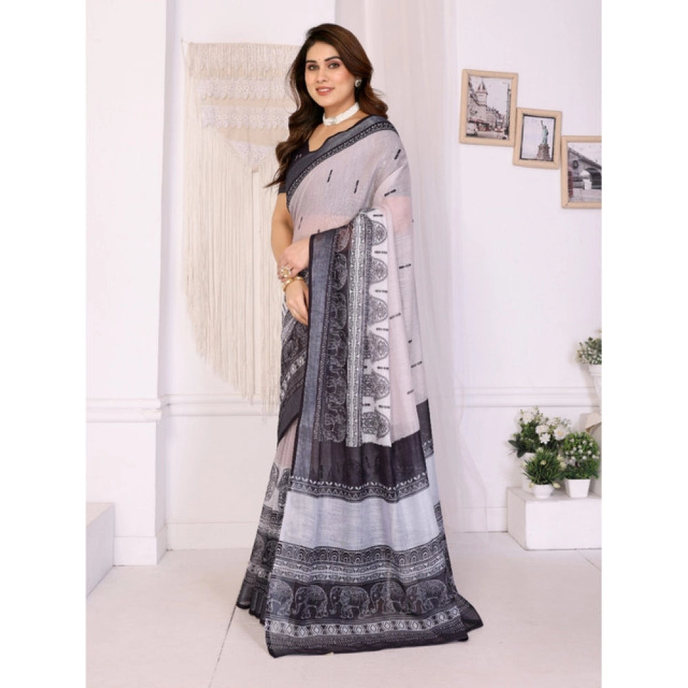 Vaystra Linen Cotton Printed Saree With Unstitched Blouse 5.5Mtr – White & Black