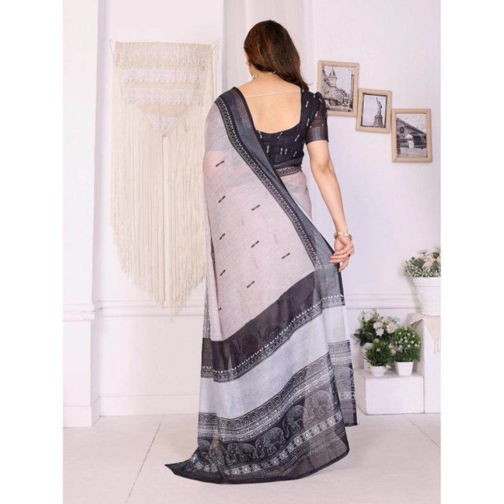 Vaystra Linen Cotton Printed Saree With Unstitched Blouse 5.5Mtr – White & Black