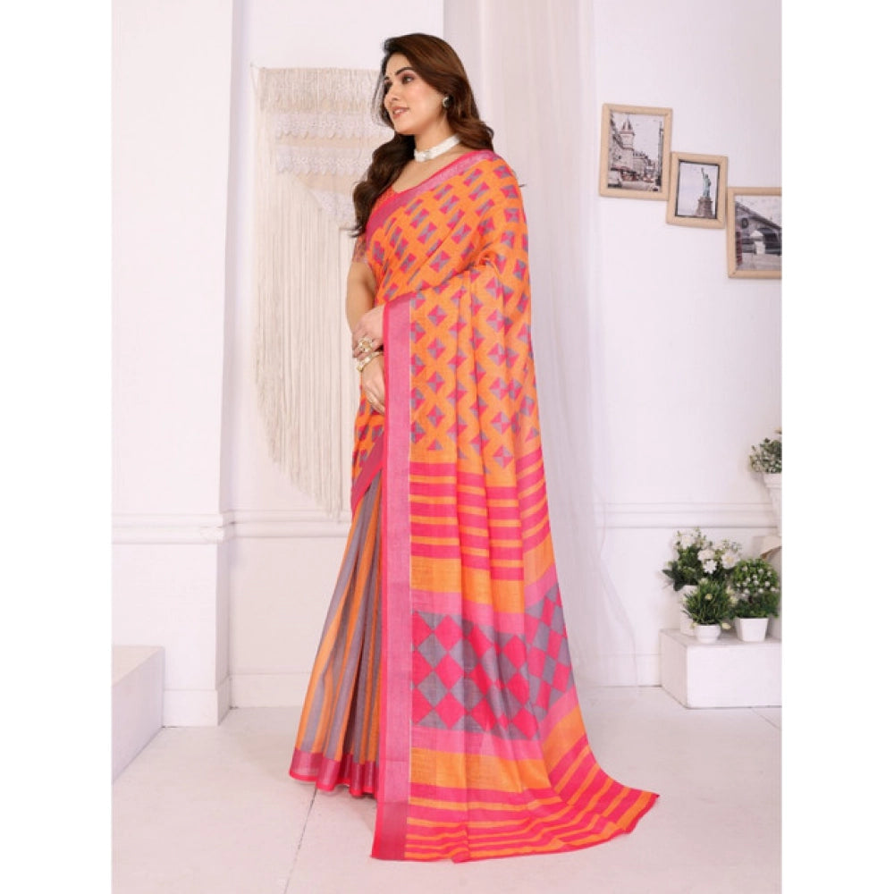 Vaystra Linen Cotton Printed Saree With Unstitched Blouse 5.5Mtr – Orange
