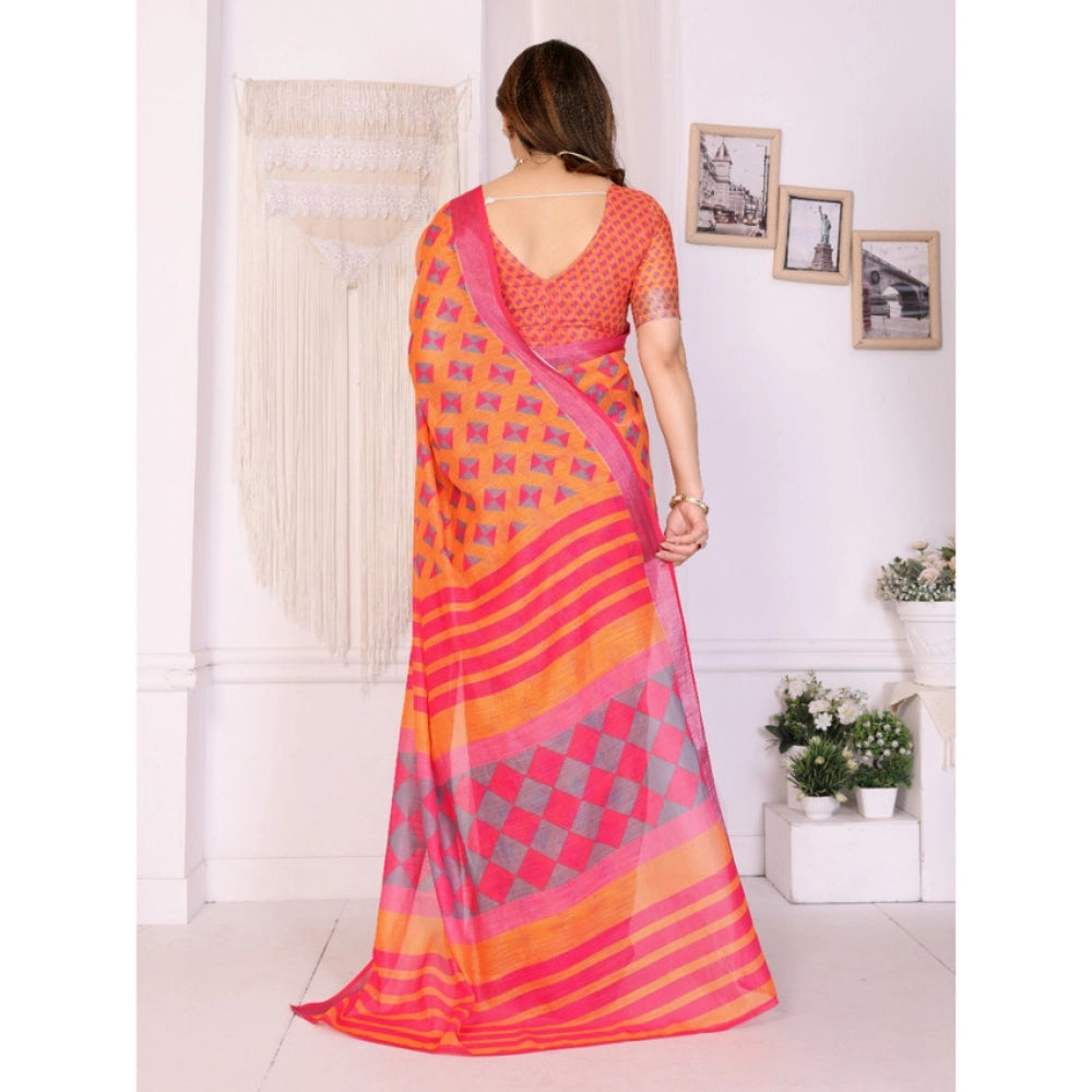 Vaystra Linen Cotton Printed Saree With Unstitched Blouse 5.5Mtr – Orange