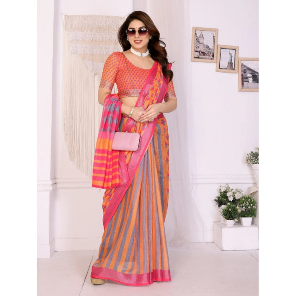 Vaystra Linen Cotton Printed Saree With Unstitched Blouse 5.5Mtr – Orange