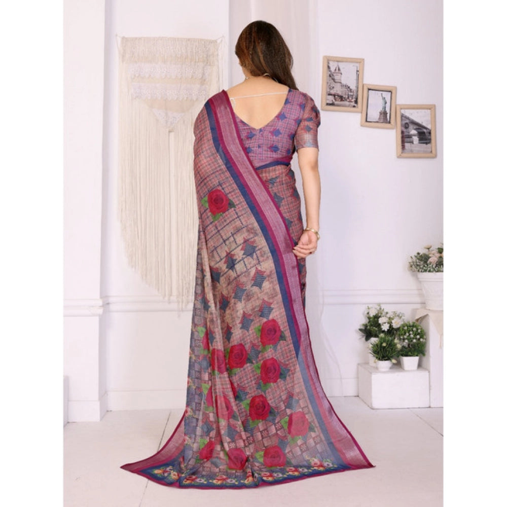 Vaystra Linen Cotton Printed Saree With Unstitched Blouse 5.5Mtr – Wine