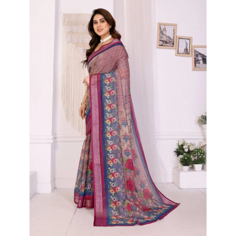 Vaystra Linen Cotton Printed Saree With Unstitched Blouse 5.5Mtr – Wine