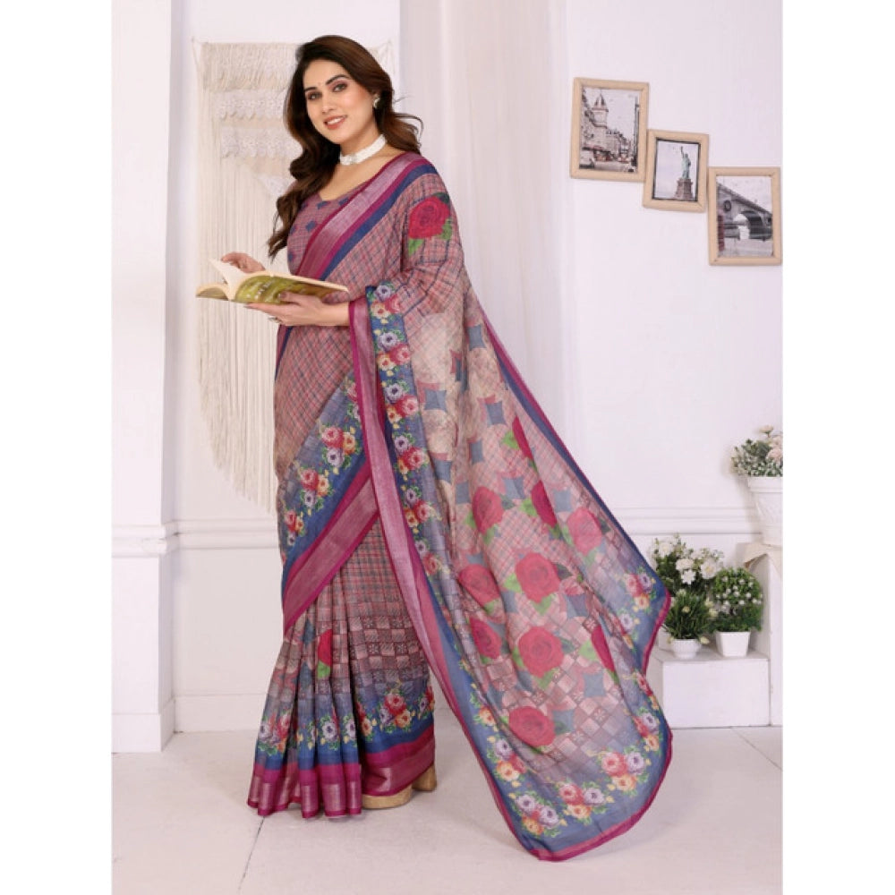Vaystra Linen Cotton Printed Saree With Unstitched Blouse 5.5Mtr – Wine