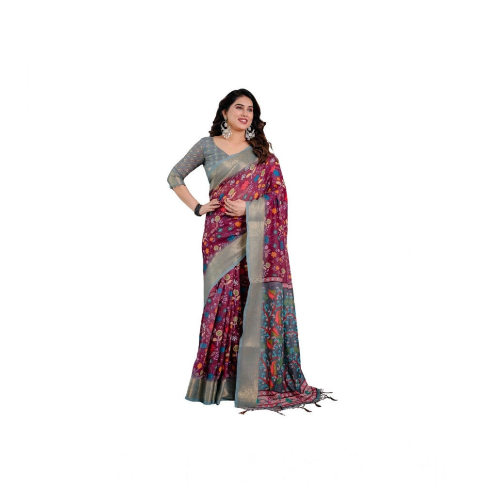 Vaystra Linen Printed Saree With Unstitched Blouse 5.5Mtr – Purple