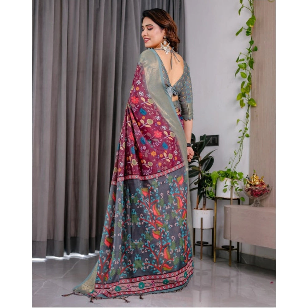 Vaystra Linen Printed Saree With Unstitched Blouse 5.5Mtr – Purple