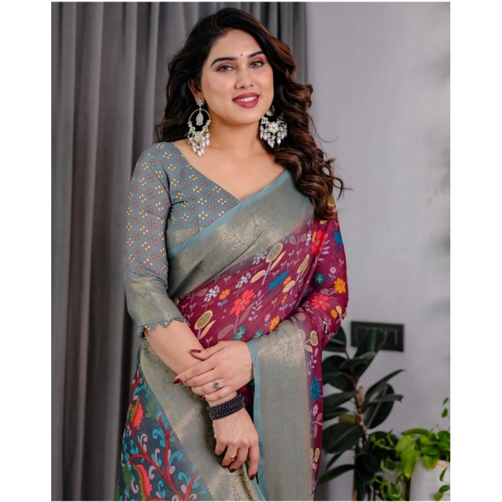 Vaystra Linen Printed Saree With Unstitched Blouse 5.5Mtr – Purple