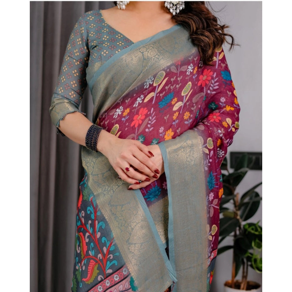 Vaystra Linen Printed Saree With Unstitched Blouse 5.5Mtr – Purple