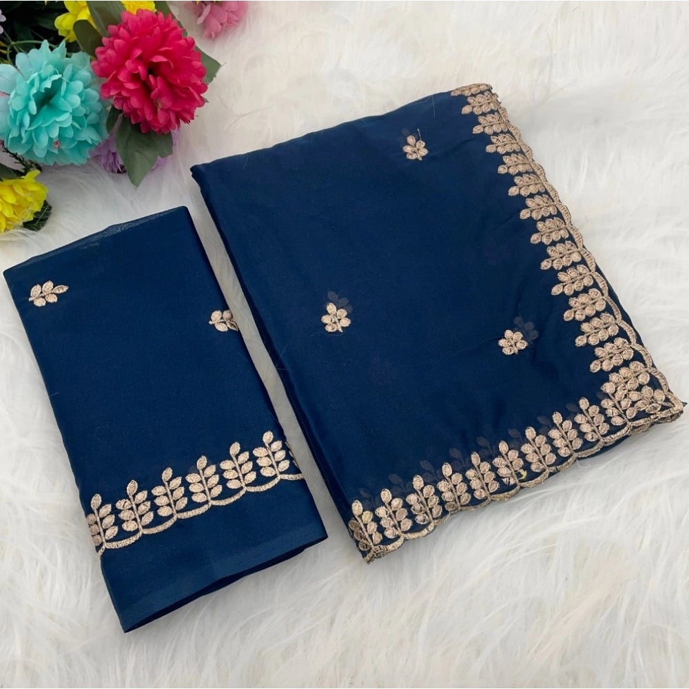 Vaystra Georgette Embroidered Saree With Unstitched Blouse 5.5Mtr – Blue
