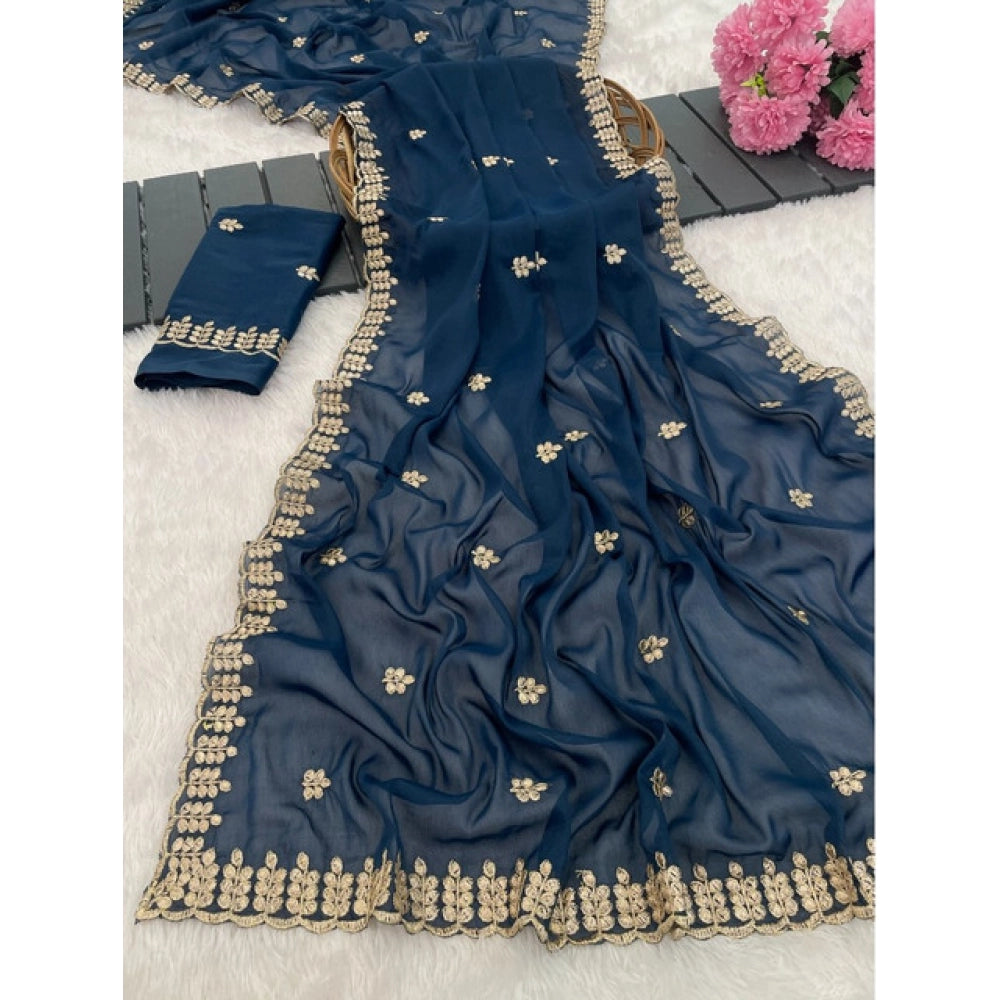 Vaystra Georgette Embroidered Saree With Unstitched Blouse 5.5Mtr – Blue