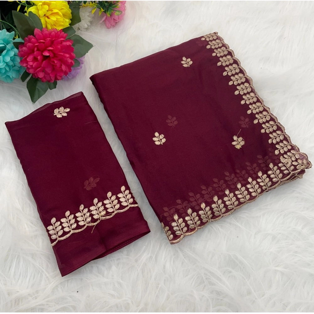 Vaystra Georgette Embroidered Saree With Unstitched Blouse 5.5Mtr – Red