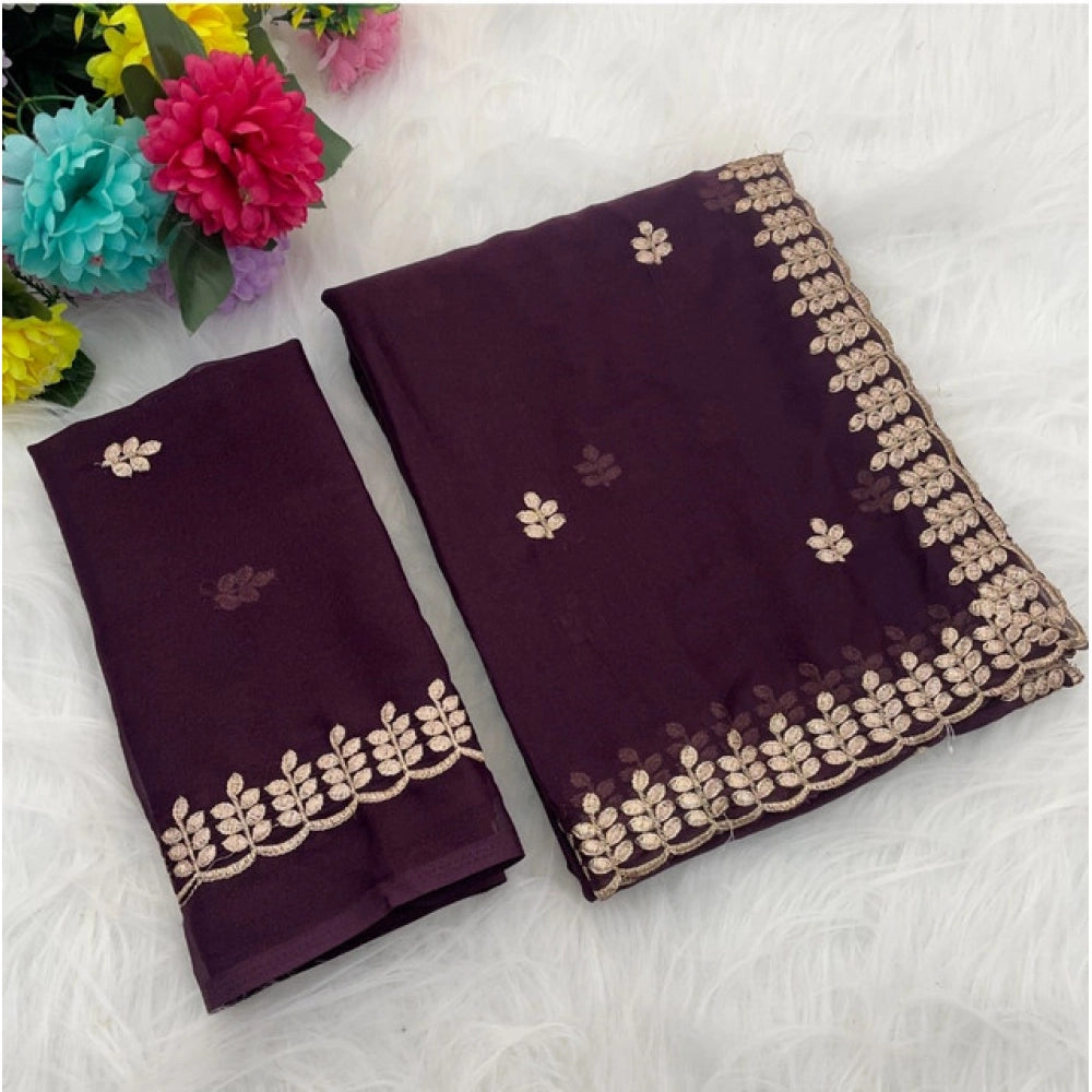 Vaystra Georgette Embroidered Saree With Unstitched Blouse 5.5Mtr – Wine