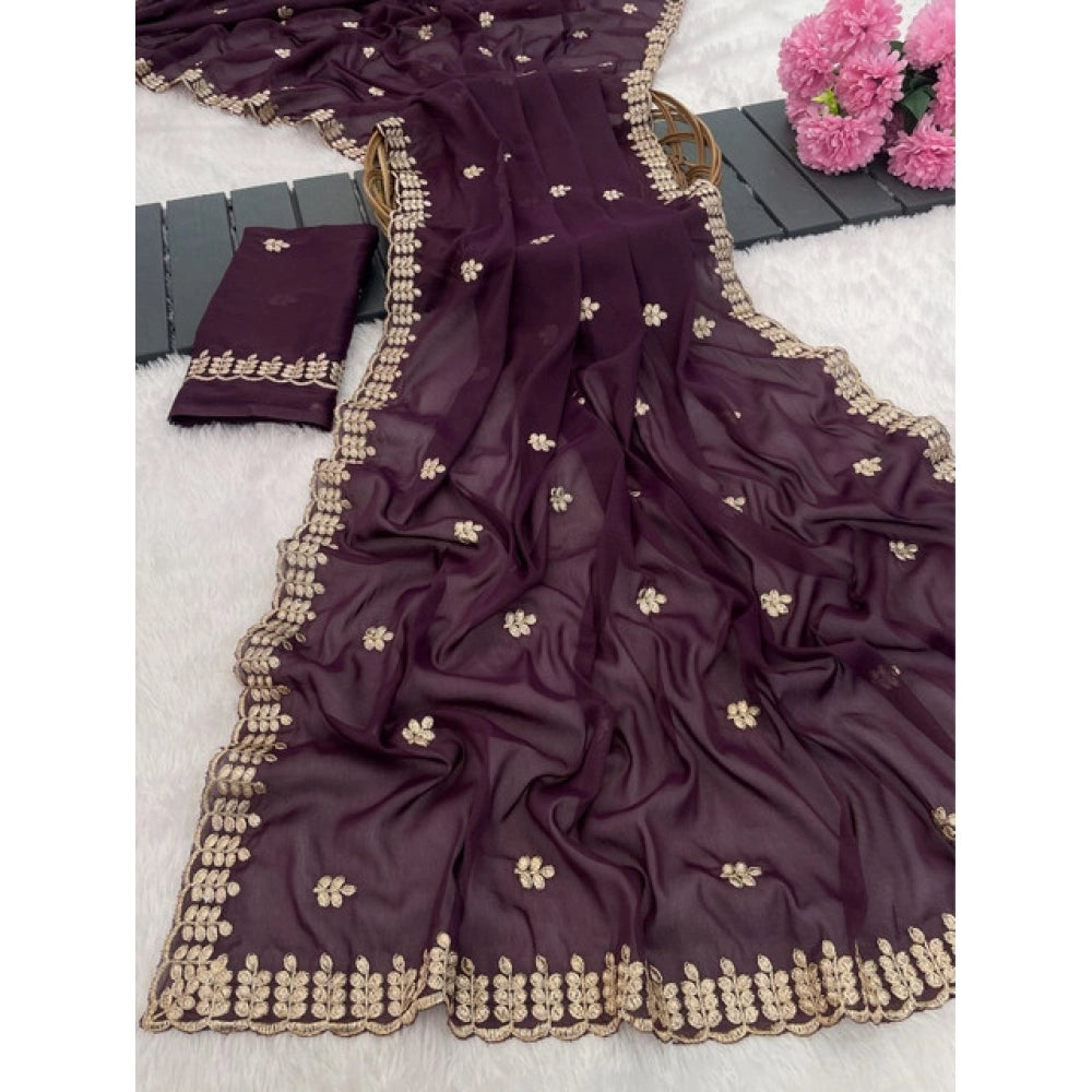Vaystra Georgette Embroidered Saree With Unstitched Blouse 5.5Mtr – Wine