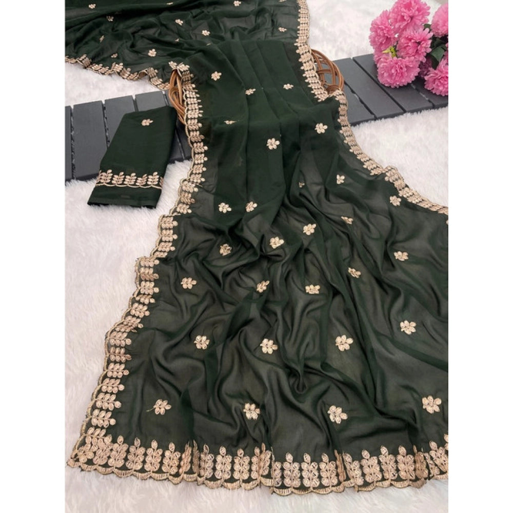 Vaystra Georgette Embroidered Saree With Unstitched Blouse 5.5Mtr – Green