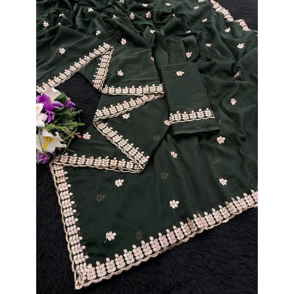 Vaystra Georgette Embroidered Saree With Unstitched Blouse 5.5Mtr – Green
