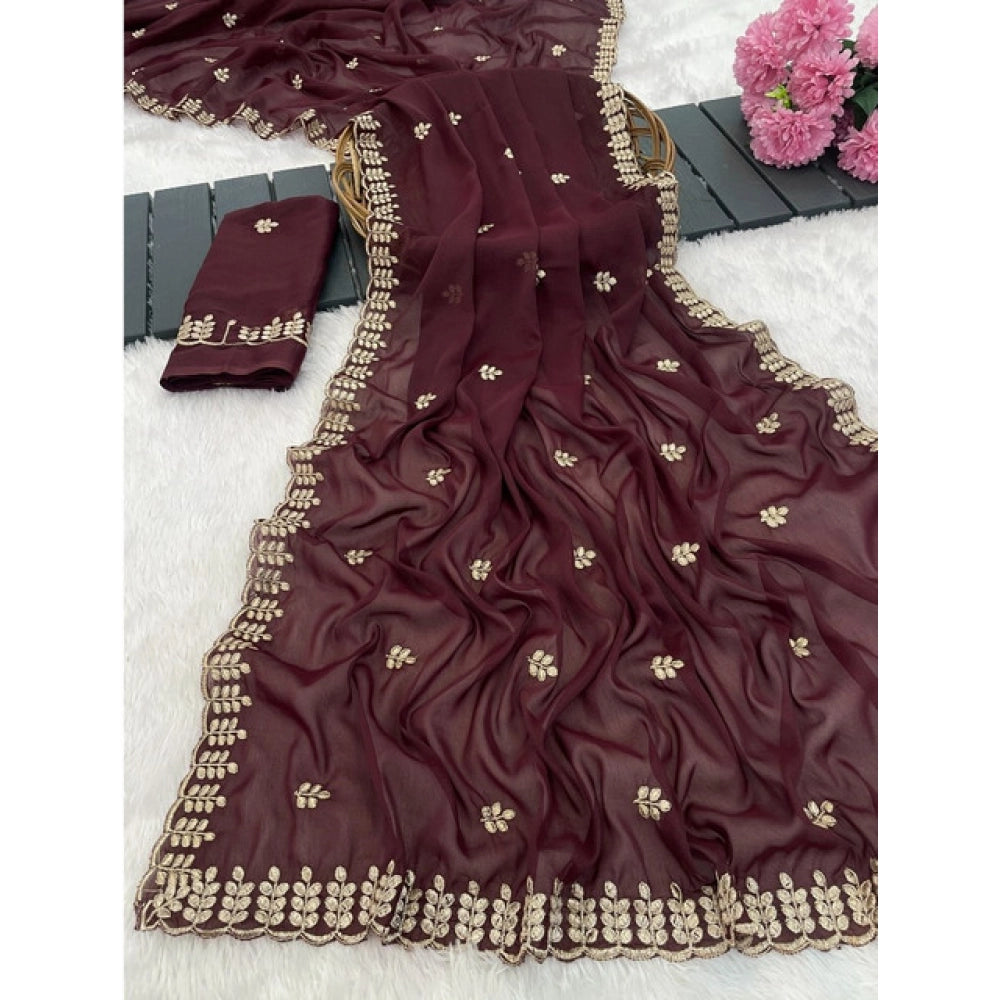 Vaystra Georgette Embroidered Saree With Unstitched Blouse 5.5Mtr – Maroon