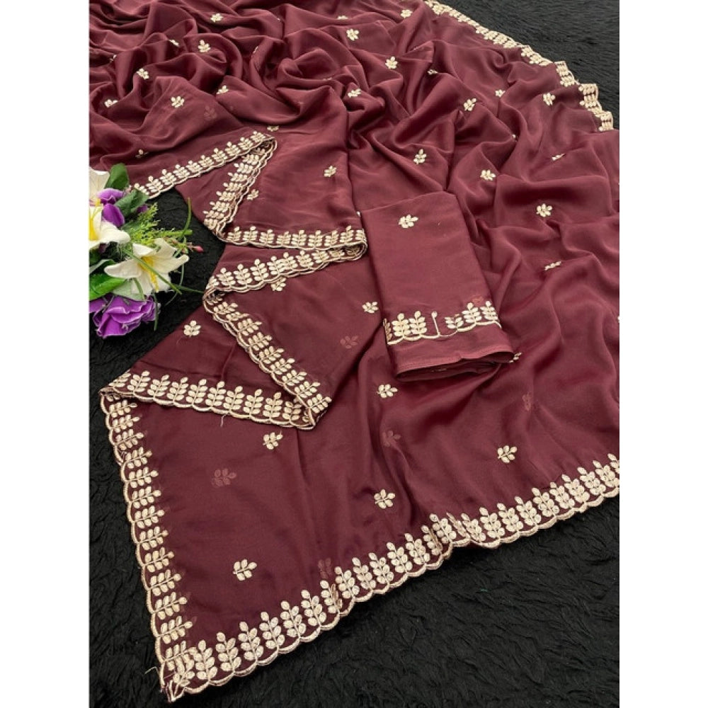 Vaystra Georgette Embroidered Saree With Unstitched Blouse 5.5Mtr – Maroon