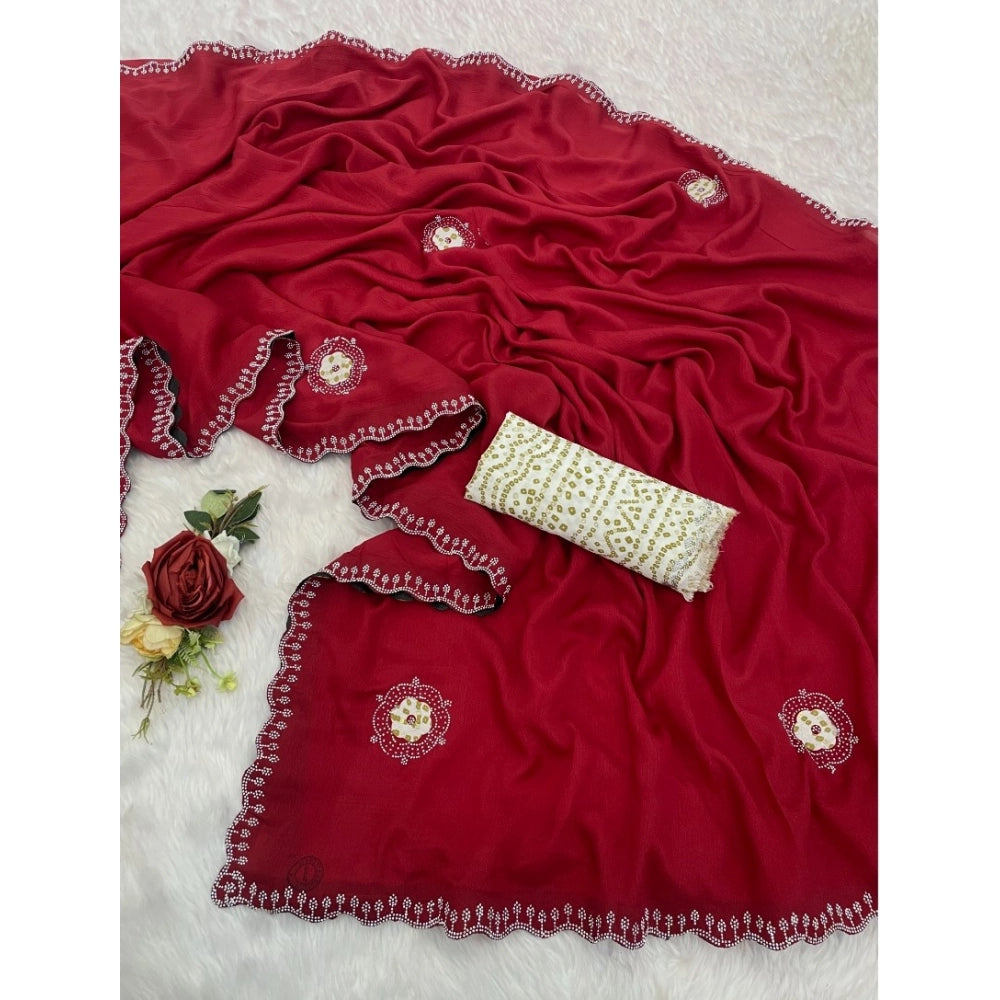 Vaystra Chiffon Butti Dotted Saree With Unstitched Blouse 5.5Mtr – Red