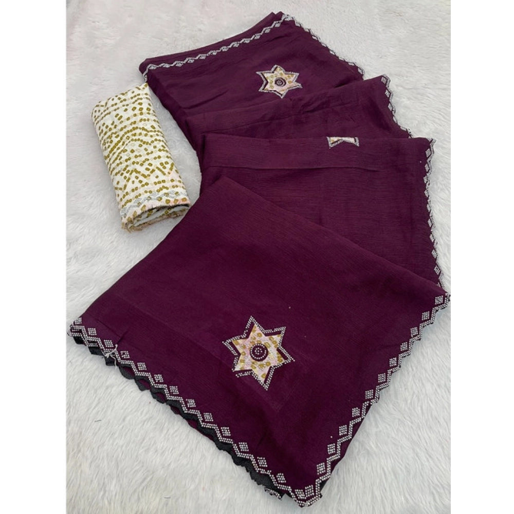 Vaystra Chiffon Butti Dotted Saree With Unstitched Blouse 5.5Mtr – Wine