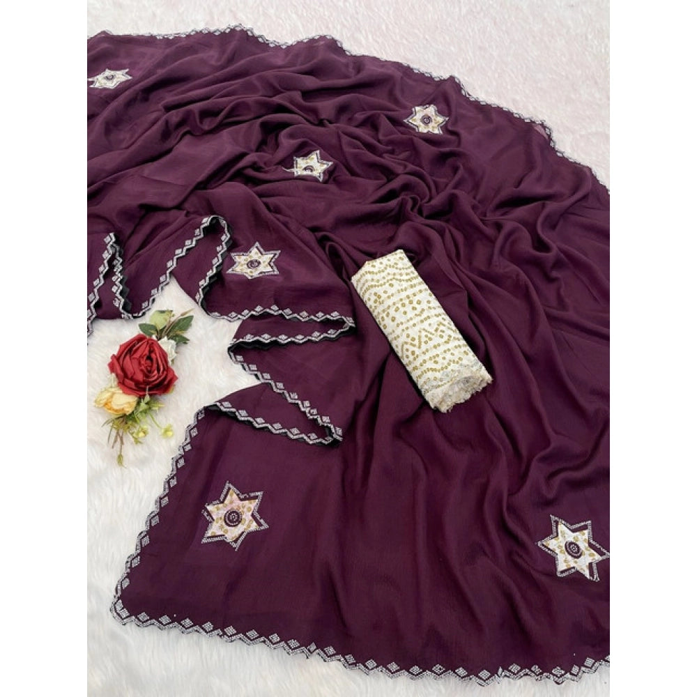 Vaystra Chiffon Butti Dotted Saree With Unstitched Blouse 5.5Mtr – Wine