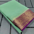 Vaystra Crepe Chit Pallu Solid Saree With Unstitched Blouse 5.5Mtr – Light Green