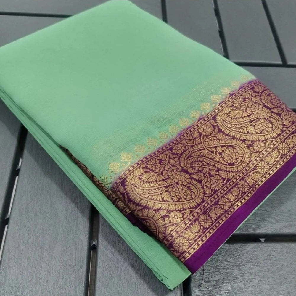 Vaystra Crepe Chit Pallu Solid Saree With Unstitched Blouse 5.5Mtr – Light Green